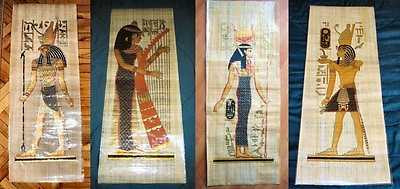#ad Collection Set 4 Huge Signed Egyptian Papyrus Museum Art Paintings 32X12quot; Inches C $59.50