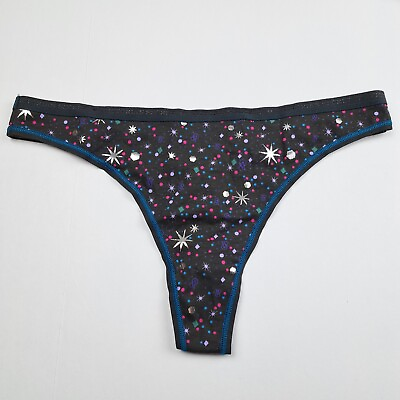 #ad Victorias Secret Cotton Thong M Black Dots Stars Pattern $13.99