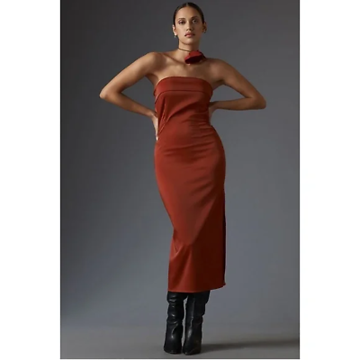 #ad By Anthropologie Strapless Cowl Back Midi Dress Red Satin Medium NWT $70.00