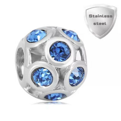 #ad Stainless European Charm Bead Rhinestone Blue CZ Round fits Bracelets Jewelry $10.99