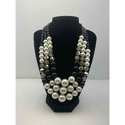 #ad Vintage to modern multi strand beaded necklace black white silver B7 $19.88