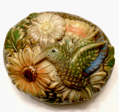#ad HUMMINGBIRD PAPER WEIGHT VINTAGE 4 1 2quot; GREEN YELLOW FLORAL amp; SUNFLOWERS $8.75