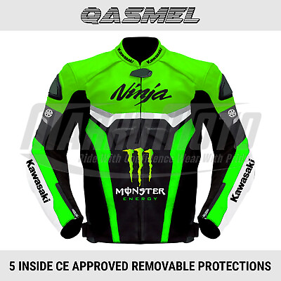 #ad Kawasaki Ninja Motorcycle Fluorescent Green Leather Racing Jacket CE Approved $169.00