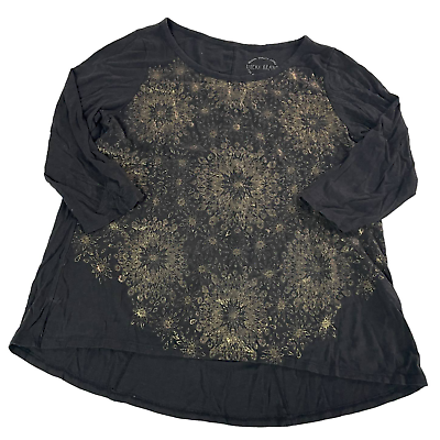 #ad Lucky Brand Shirt Women Medium Black Gold Foil Graphic Sparkle Tee Cotton Modal $12.79