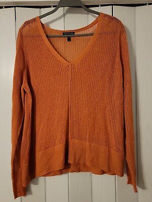 #ad Eileen Fisher Large Wool Blend Knot Knit Top V Neck Rust Burnt Orange GUC $32.90