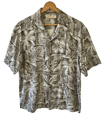 #ad Tommy Bahama Mens Gray Floral Silk Hawaiian Button Up Short Sleeve Shirt Size L $19.99