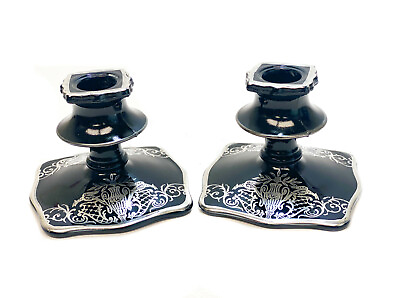 #ad Pair Sterling Silver Overlay Black Amethyst Footed Candlestick Holders $242.25