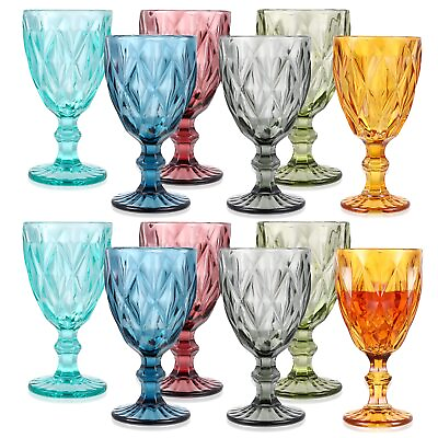 #ad Set of 12 Vintage Glass Goblets Bulk 10 oz Multi Colored Stemware Wine Glasses $62.21
