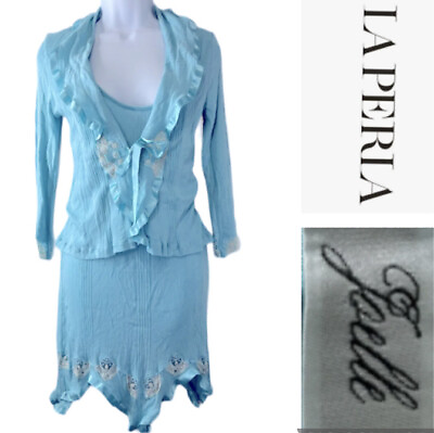 #ad JOELLE LA PERLA Womans Pajamas Dress Medium Teal Cardigan Set Robe Chemise Slip $84.80