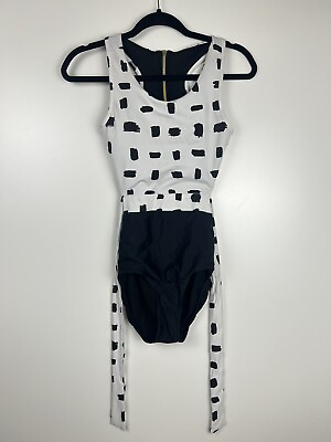 #ad Albion Black White One Piece Swimsuit Cut Out Zip amp; Tie Back Size XS $29.95