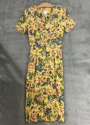 #ad Vintage Yellow Floral Print Midi Dress Short Sleeve Button Down Sz 6 $25.99