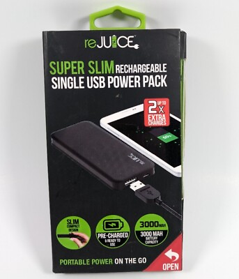#ad reJUICE Super Slim Rechargeable Single USB Power Pack Black 3000MAH Pre Charged $11.88
