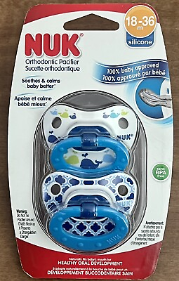 #ad NUK 2 pack ORTHODONTIC PACIFIER 18 36 M BPA Free Silicone White Blue Whales $15.00