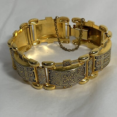 #ad Vintage Panel Link Damascene Bracelet Toledo Art Deco Black Gold 8quot; Safety Chain $34.95