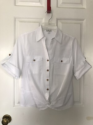 #ad DASH White Cotton Shirt Button Up Roll Tab Sleeve Gathered Waist Coasta Grandma  $9.45