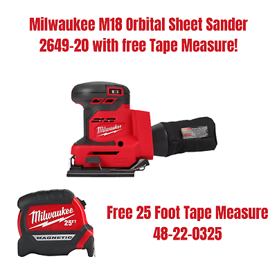 #ad Milwaukee 2649 20 M18 Cordless 1 4quot; Sheet Sander Tool Only w FREE Tape Measure $129.95
