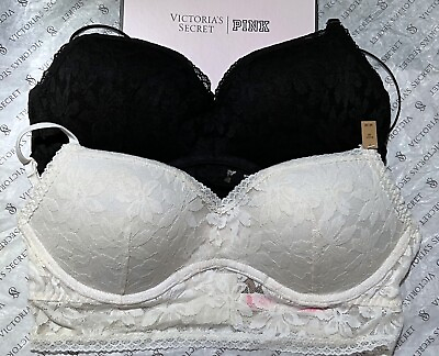 #ad Victoria#x27;s Secret Pink Lace Bralette Push Up Bra Black Off White NWT S M L $20.79