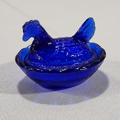 #ad Cobalt Blue Glass 2.5quot; Miniature Hen on Nest Salt Cellar Trinket Dish $7.99