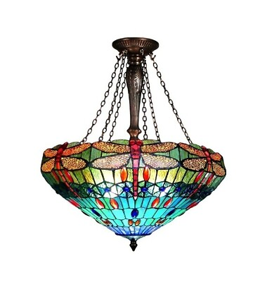 #ad Tiffany Style Ceiling Dragon Fly 3 Light Inverted Pendant Old World Chandelier $317.63