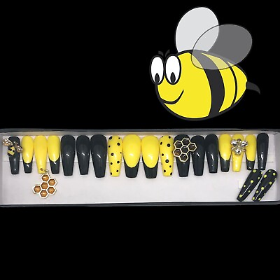#ad Handmade Press On Nails Long Coffin Shape UV Gel Halloween Bee Nails Blk Yellow $34.99