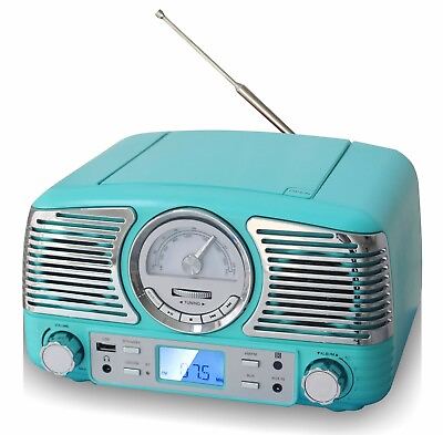 #ad TechPlay QT62BT TR Retro Compact Stereo Bluetooth CD AM FM Radio quot;Turquoise quot; $69.95