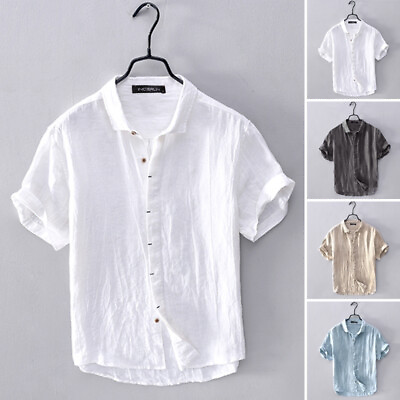 #ad INCERUN Mens Linen Cotton Shirt Short Sleeve Work Formal Blouse Button Down Top $17.76