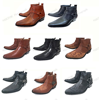 #ad Brand New Men#x27;s Cowboy Boots Western Leather Lined Ankle Harness Strap Zipper $33.20
