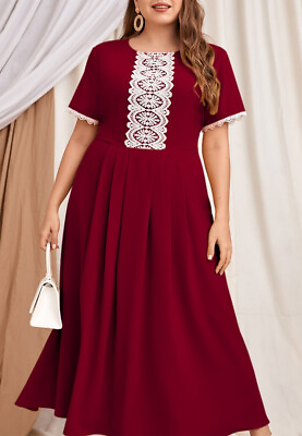 #ad Plus Size Lace Trim Pleated Detail Dress Burgundy $25.99