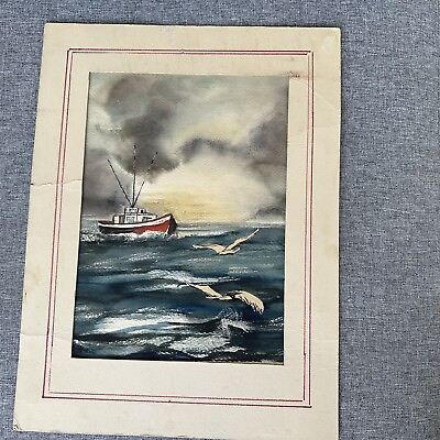 #ad Vintage Watercolor Painting Nautical Boat Ocean Maritime Seagulls Matted $69.99