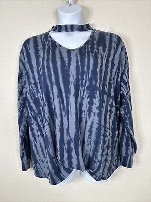 #ad Como Blu Womens Plus Size 2X Blue Tie Dyed Knit Keyhole Twist Blouse Long Sleeve $19.49