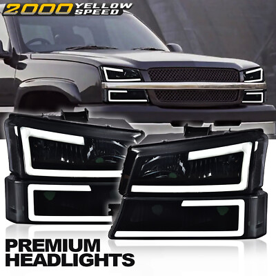 #ad Fit For 2003 2007 Chevy Silverado LED DRL Smoked Lens Black Housing Headlights $88.90
