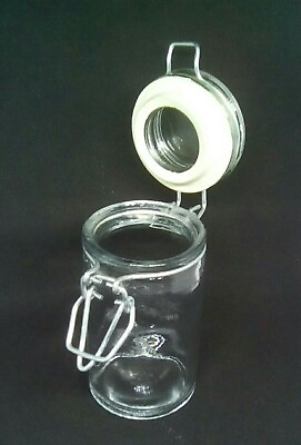 #ad Glass Jar Airtight Tall w metal hinged 3 inch tall $4.51