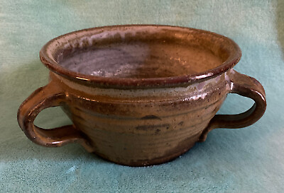 #ad Vintage Glazed stoneware pottery vase flower pot Earth Tones 3 Handles signed $89.99