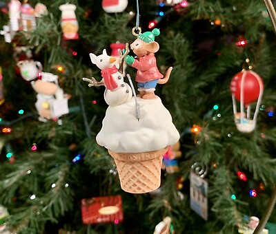 #ad Vintage 1991 Enesco DOUBLE SCOOP SNOWMOUSE Ornament🍦 Ice Cream Cone Snow Treat $18.50
