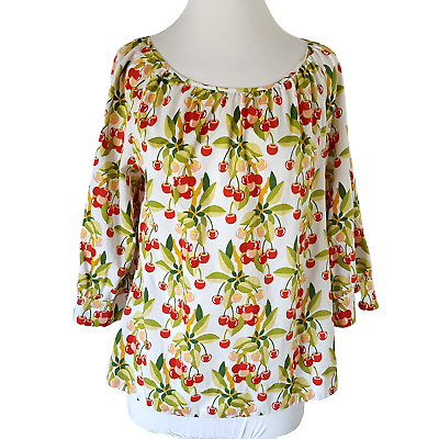 #ad Cherries Brookes Brothers Print Peasant Top Blouse Sz 8 Cotton 3 4 Sleeve Blouse $18.00