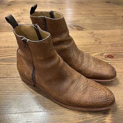 #ad Taft Boots Havana Mens 12 Brown Speckled Kudu Leather Double Zipper Cuban Heel $175.44