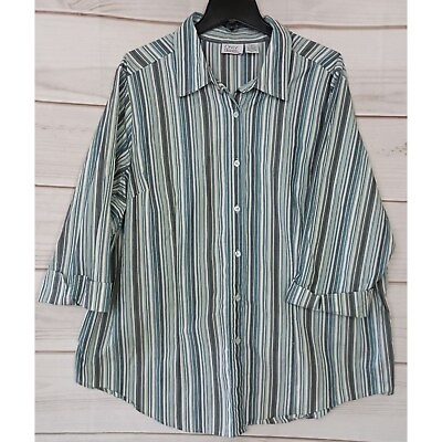 #ad Only Necessities button front striped stretch cuffed sleeve blouse plus size 1X $6.00