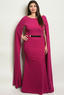 #ad Womens Plus Size Magenta Pink Long Gown 3XL Long Cape Sleeve Belted Bodycon Maxi $49.95
