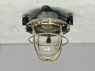 #ad Authentic Original Bulkhead Old Iron Metal Ceiling Vintage Light With Brass Cage $94.50