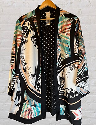 #ad Chicos 3 US XL Open Satin Cardigan White Black Coral Floral 3 4 Sleeve Cover Up $22.95