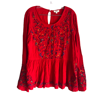 #ad Umgee Women#x27;s Boho Blouse Size L Floral Embroidered Red Long Sleeve Cotton Blend $46.95
