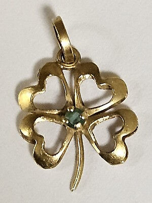 #ad Vintage 18K Yellow Real Gold Four Leaf Clover Emarald Stone Pendant Charm $229.99