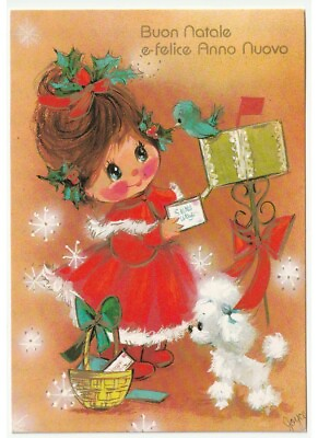 #ad Christmas 1976 Card Years#x27; 70 Little Girl Basket Christmas Poodle White $5.33
