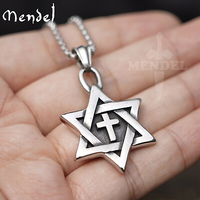 #ad MENDEL Mens Hexagon 6 Point Star Of David Cross Pendant Necklace Stainless Steel $10.99