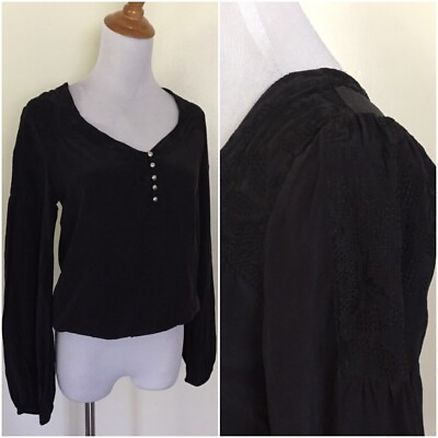 #ad GUESS by Marciano Black 100% Silk Embroidery Elastic Hem Shirt Womens sz XS $9.20