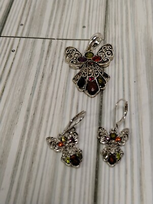 #ad Angel Rhinestone Pendant amp; Pierced Earrings Set Silvertone $12.99