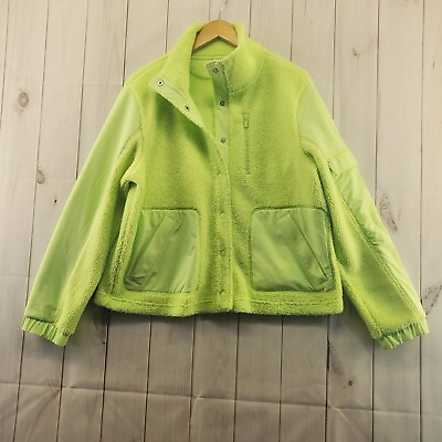 #ad FLX Jacket Womens Large Fleece Cargo Zippered Pocket Snap Fron Neon Green $15.39