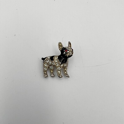 #ad Vintage BSK French Bulldog Dog Brooch Pin Red Eyes Marcasite Silver Tone $48.00