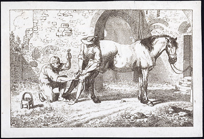 #ad Antique Master Print SMITH HORSE SHOE RIDER 1790 $84.50