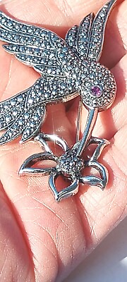 #ad VTG AVON Signed Hummingbird Flower Brooch Pin Marcasite Silver Purple Rhinestone $15.87